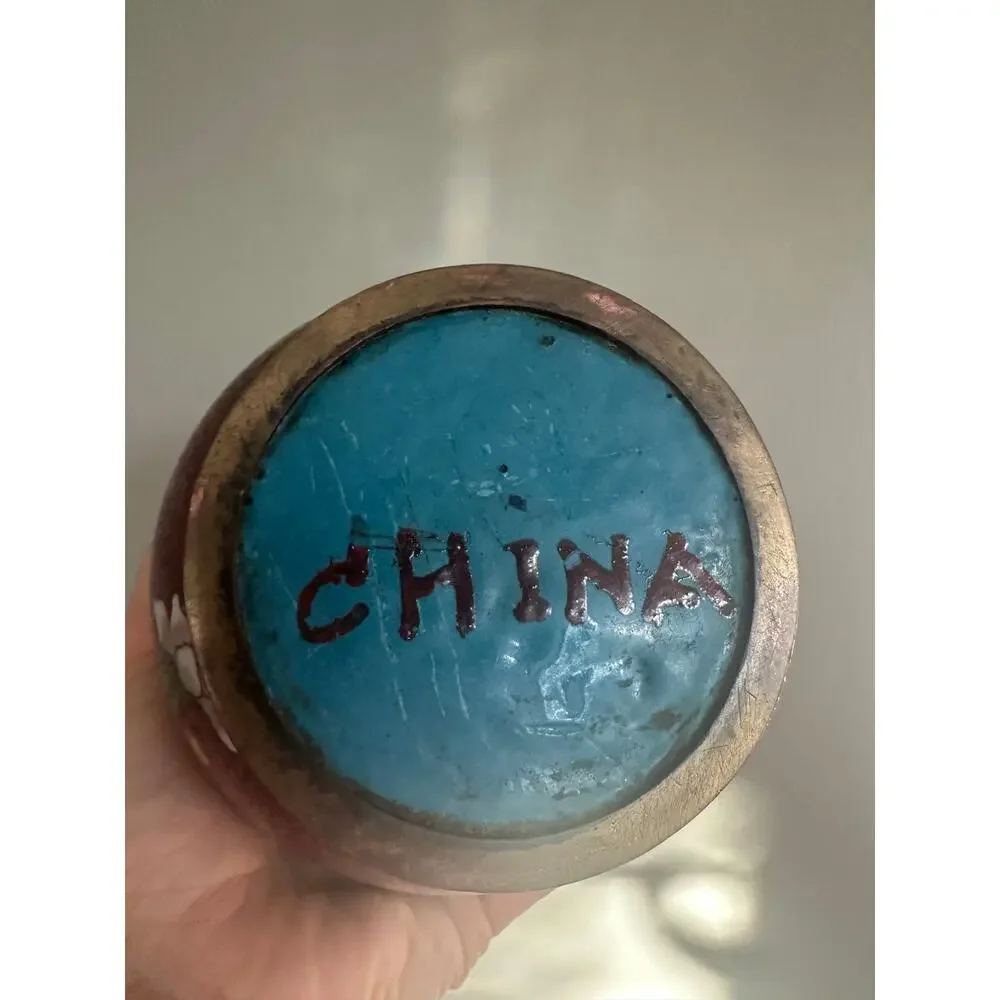 Vintage Chinese Cloisonné Enamel Ginger Jar Flowers  8” rust blue turquoise